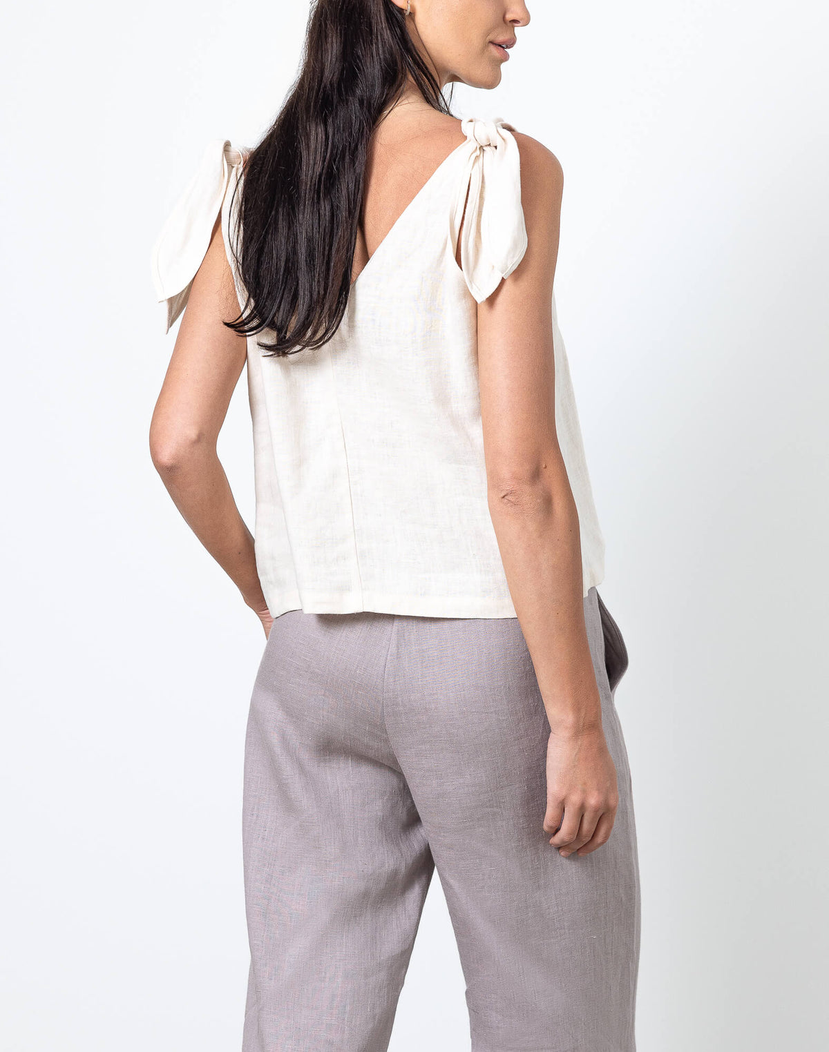 Minimalist linen bow strap top Nica by Minimalisticlinen, sleeveless womens linen blouse with shoulder ties