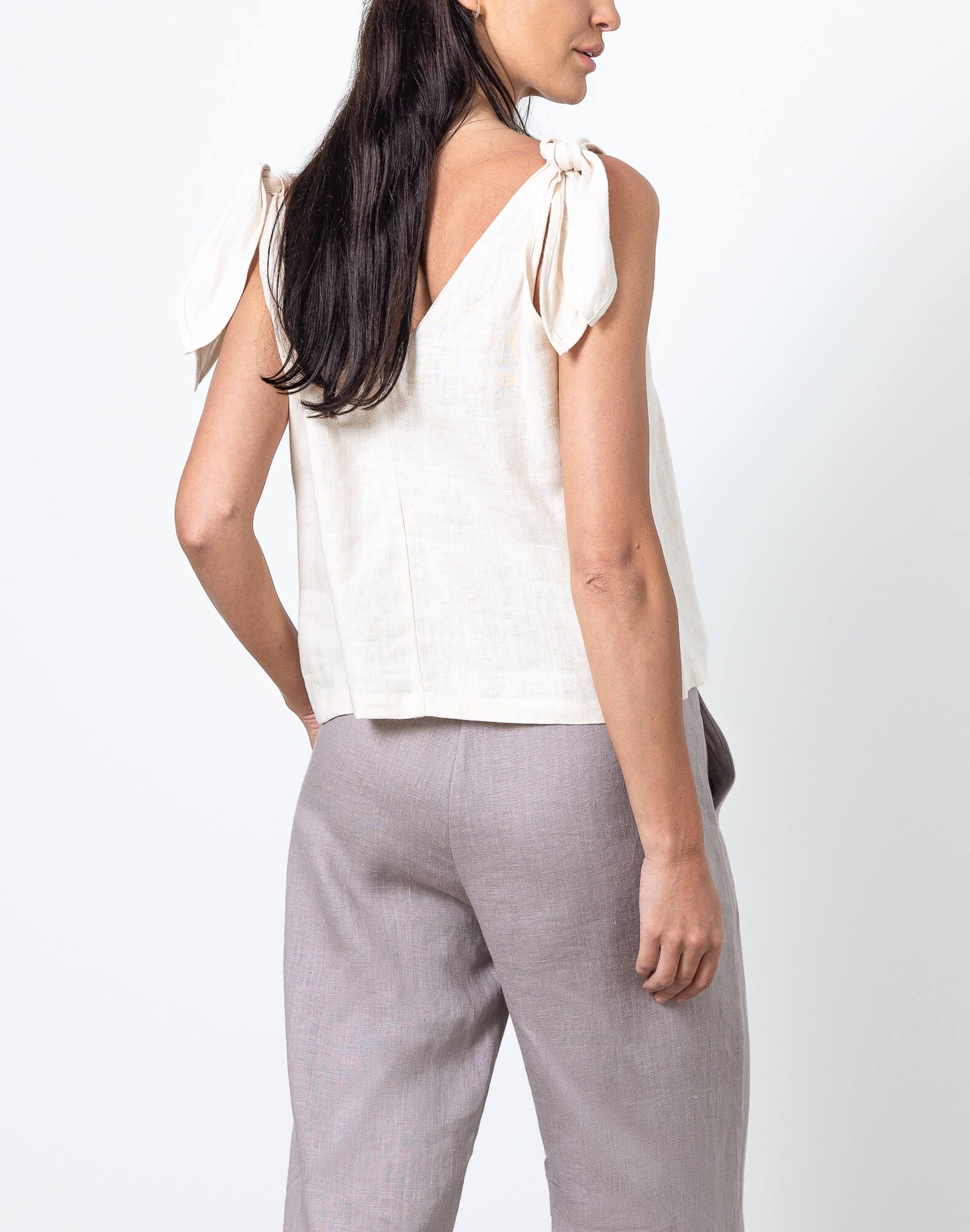 Minimalist linen bow strap top Nica by Minimalisticlinen, sleeveless womens linen blouse with shoulder ties