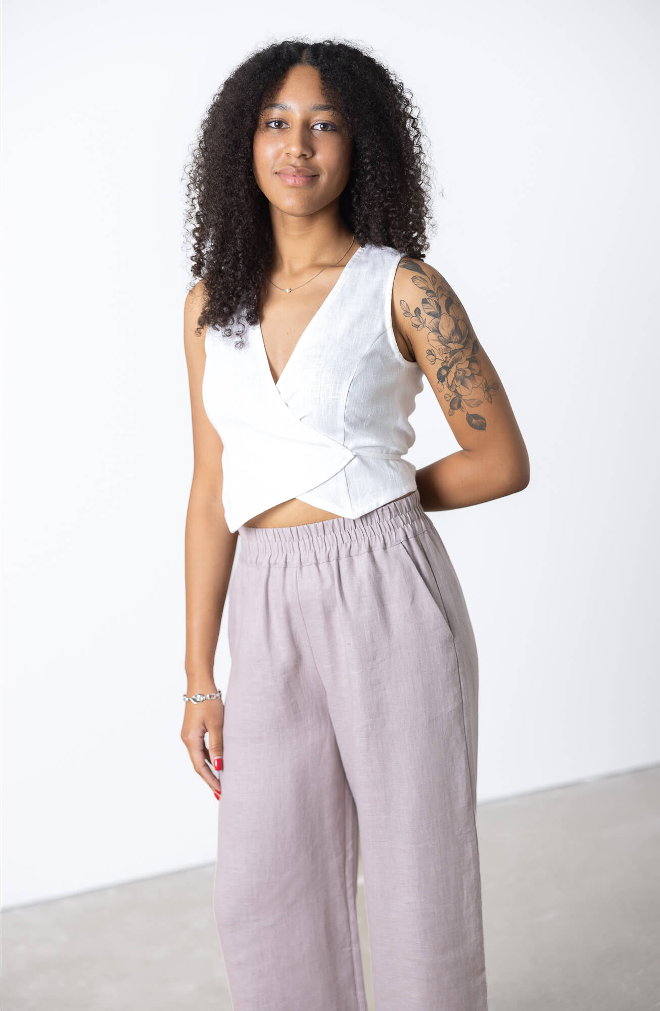 Minimalist linen crop top with a flattering wrap silhouette