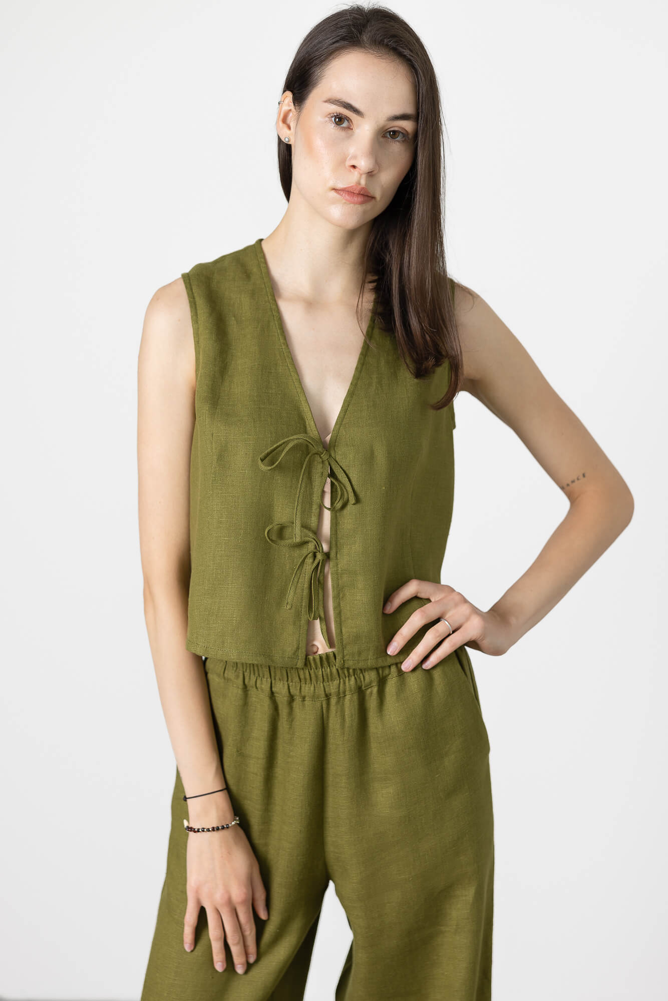 Minimalist linen vest with front ties handmade from European linen