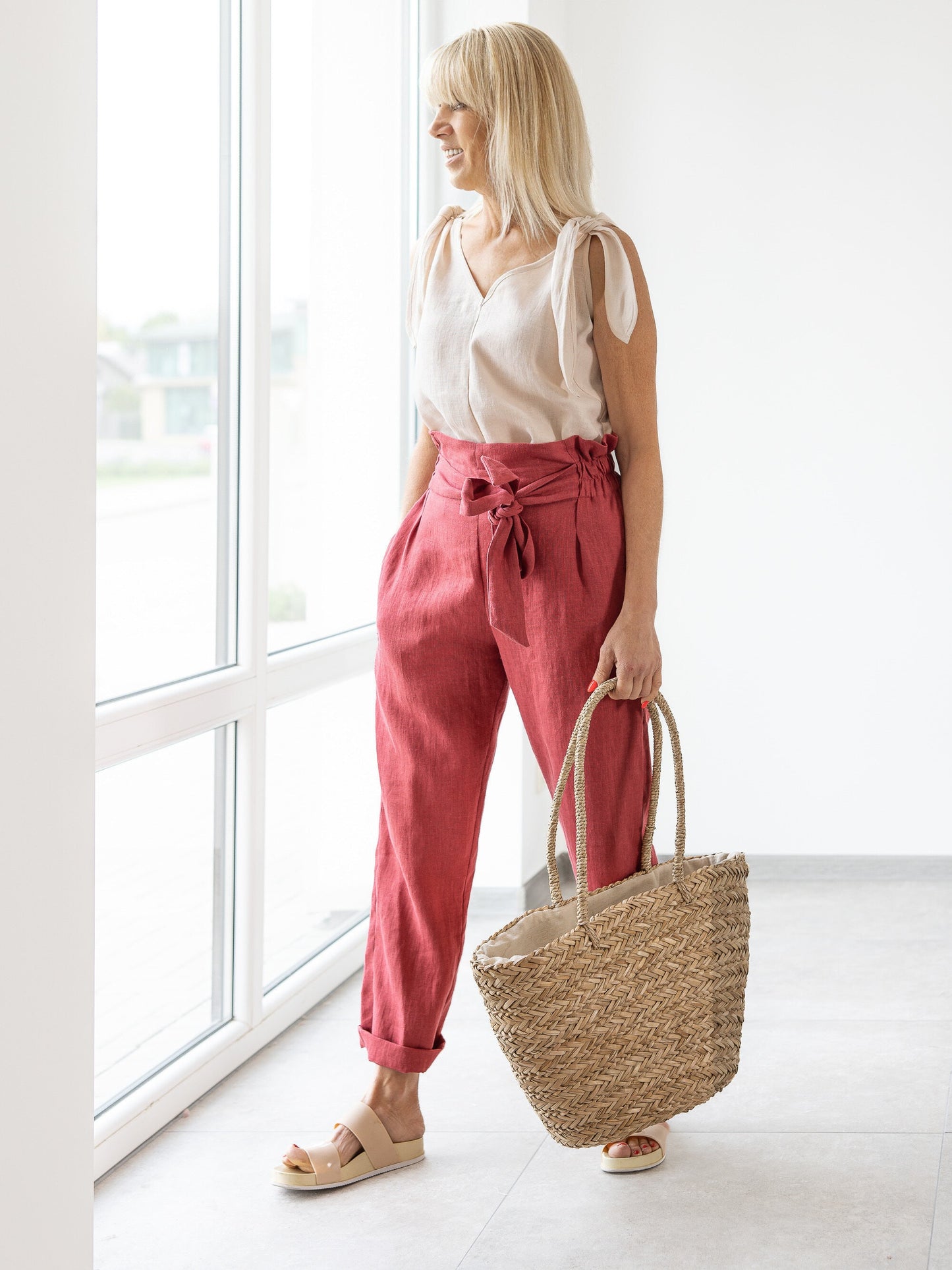 Red linen pants with belt