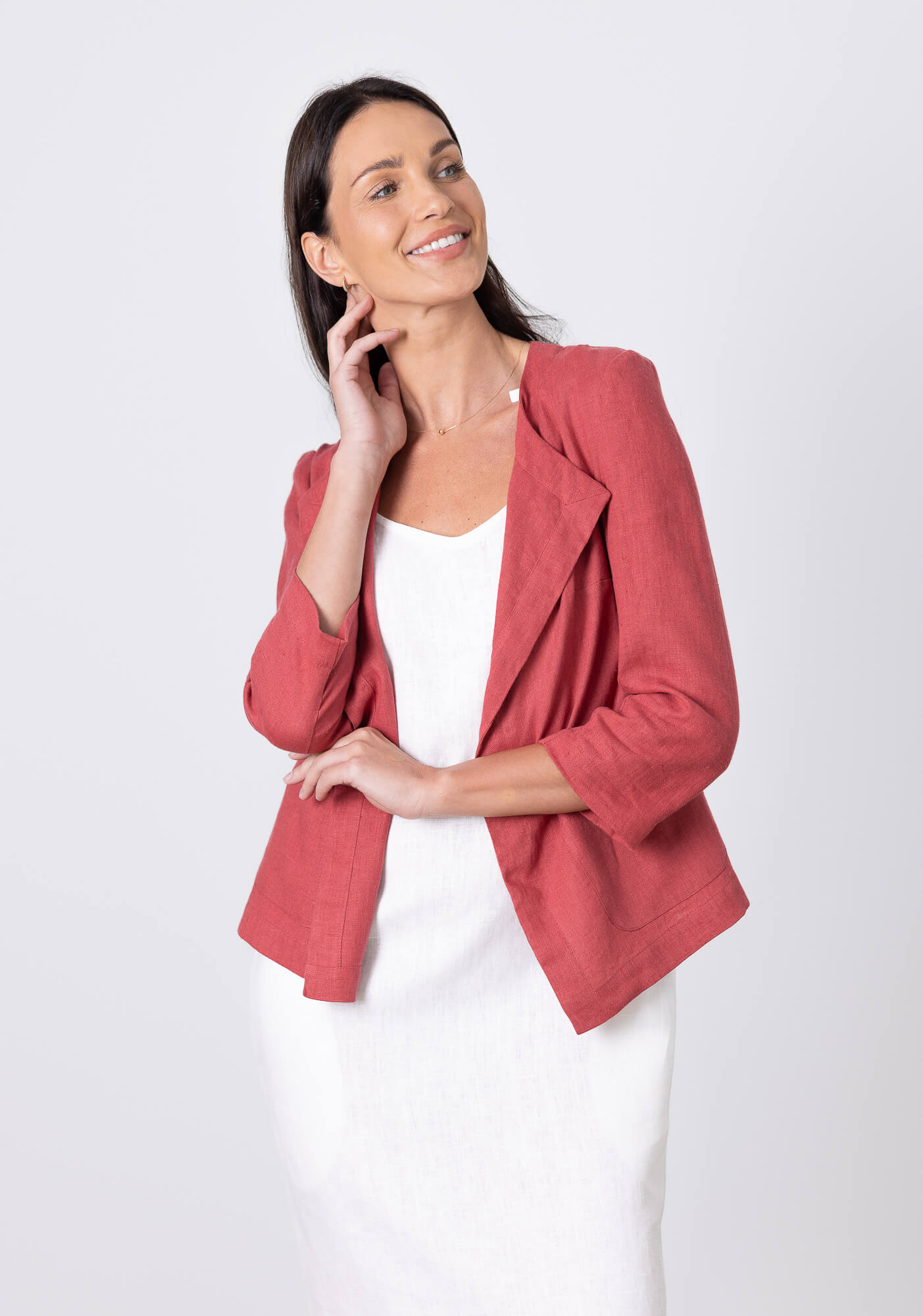 Women wearing red linen jacket Chloe minimalist linen blazer with white linen dress