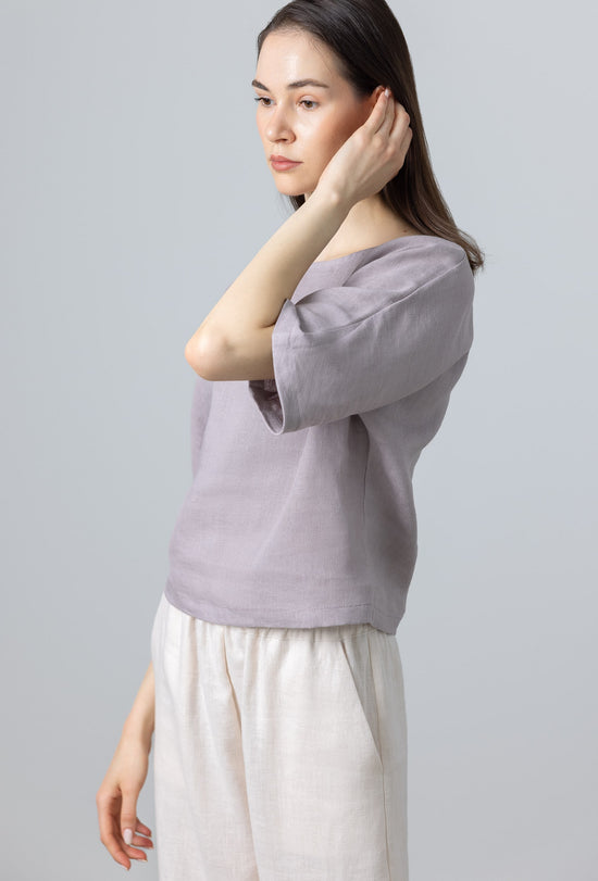 Side view of linen blouse womens – cropped linen top in natural fabric