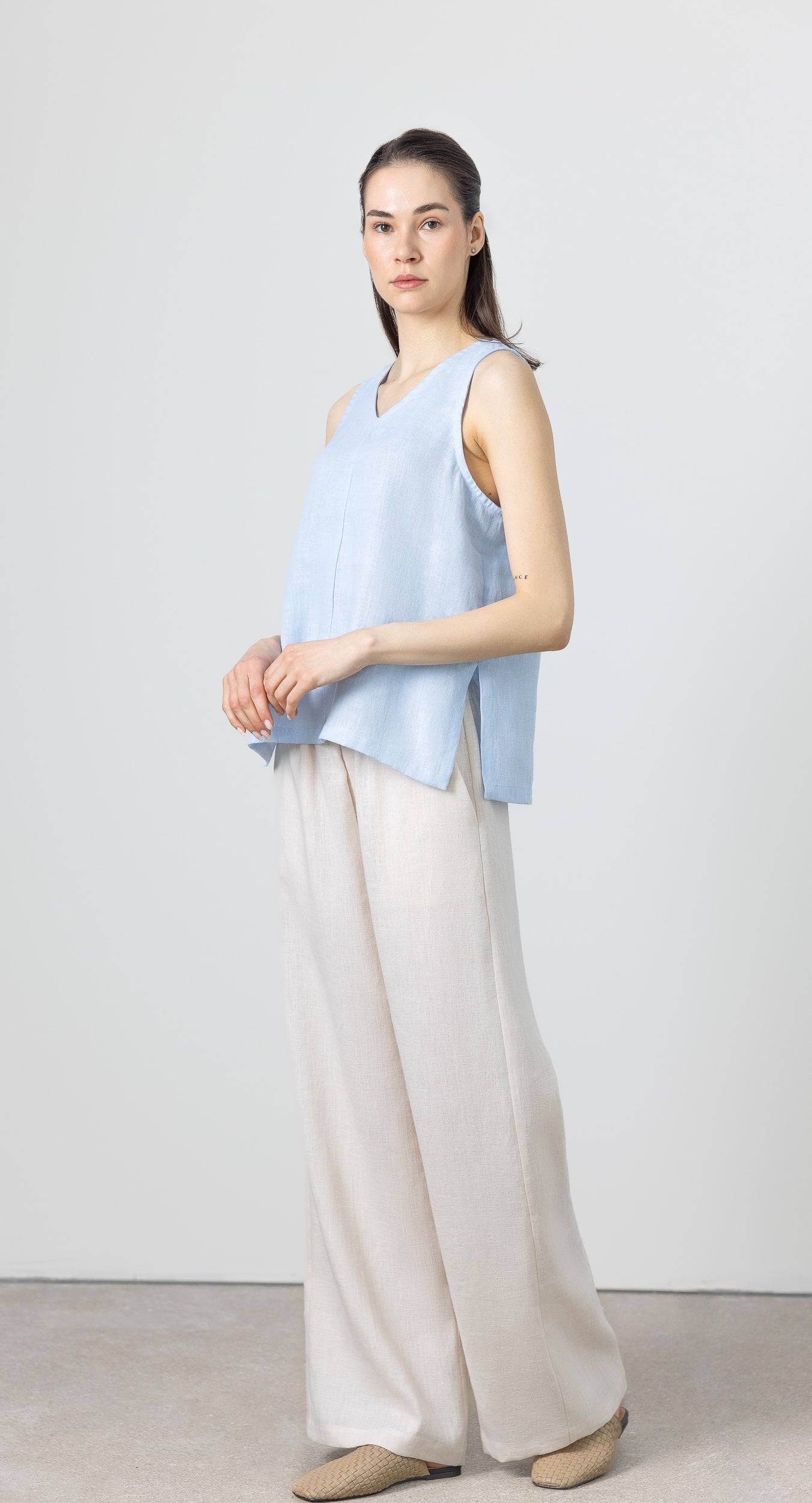 Sleeveless light blue linen top for women – lightweight summer blouse