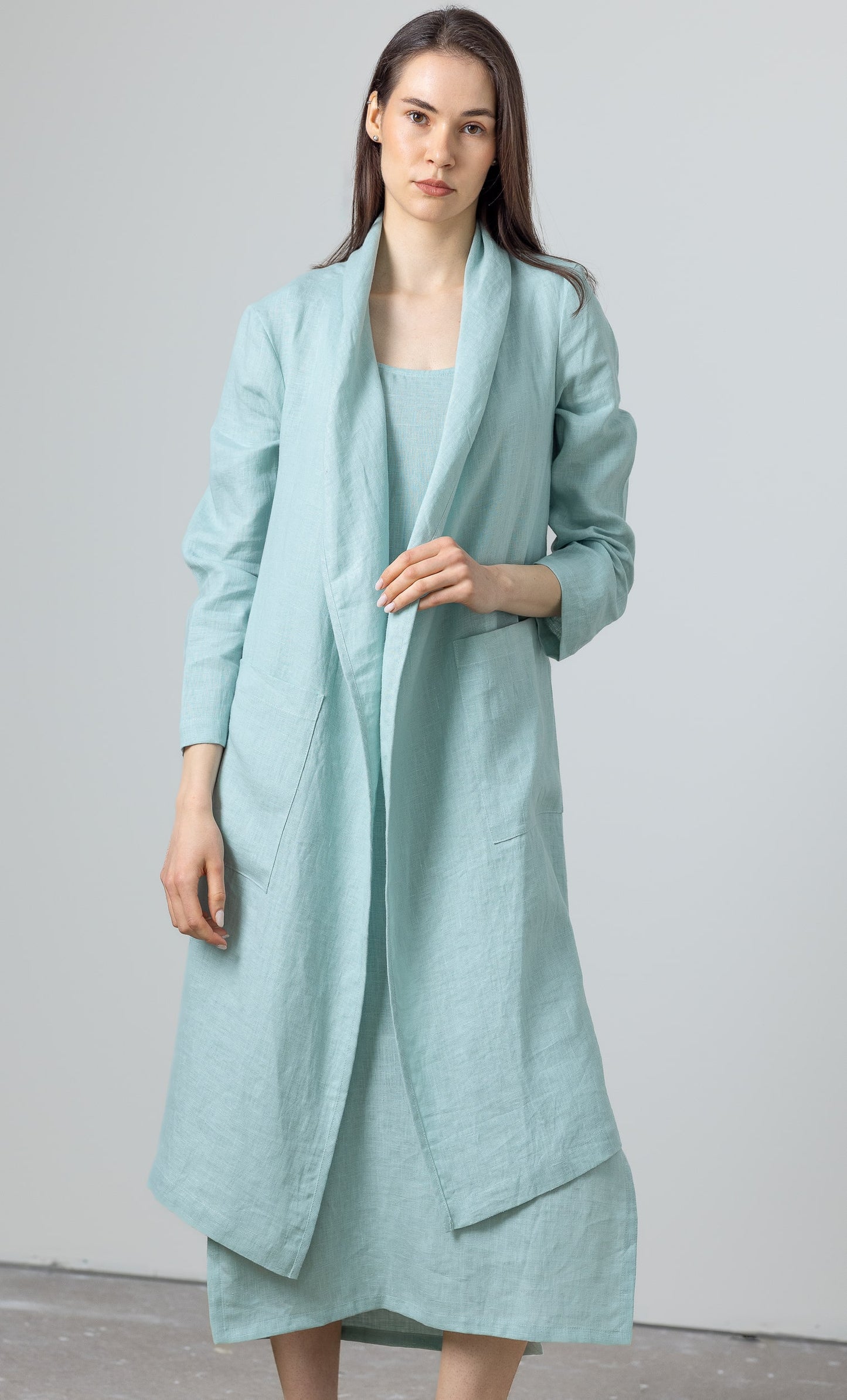 Long linen cardigan for tall women – Emma airy duster coat in blue