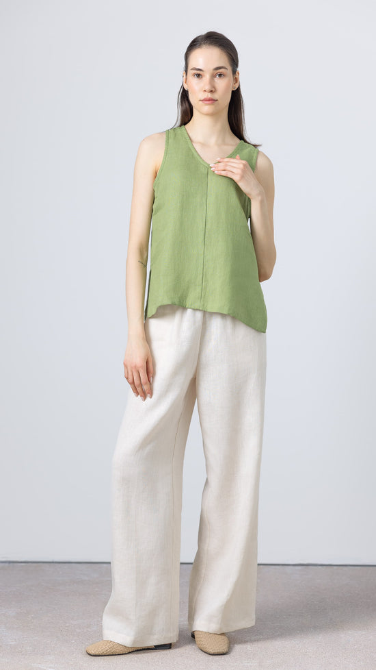 V-neck linen summer top in green – sleeveless blouse for women