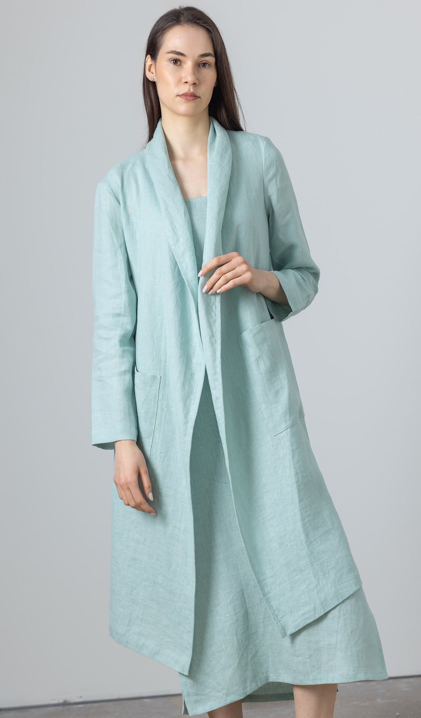 Women long cardigan in pastel blue linen – Emma lightweight duster coat