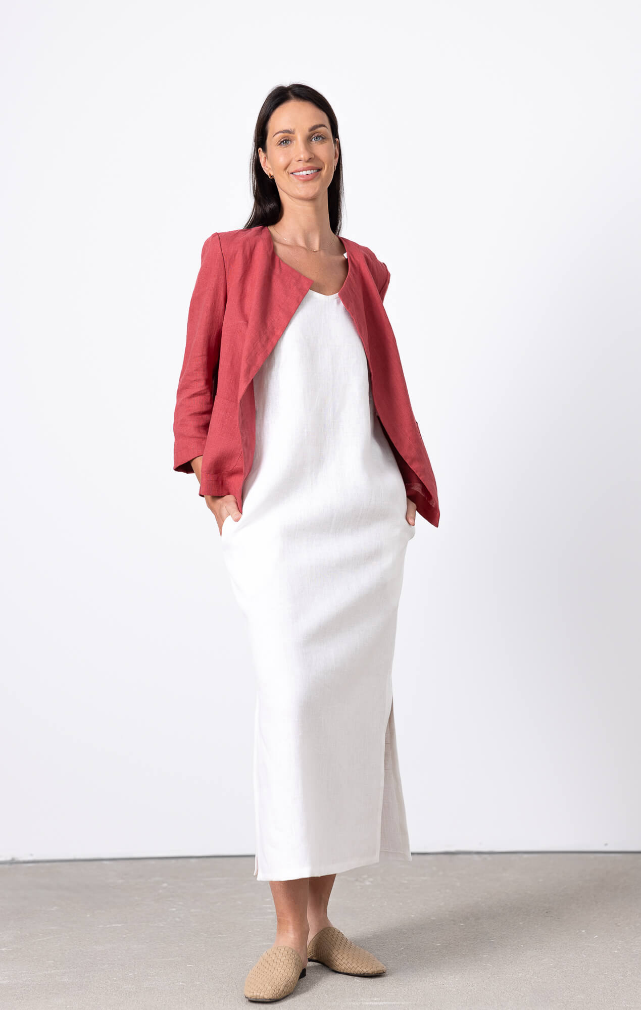 Women's red linen blazer Chloe open front minimalist linen jacket outfit