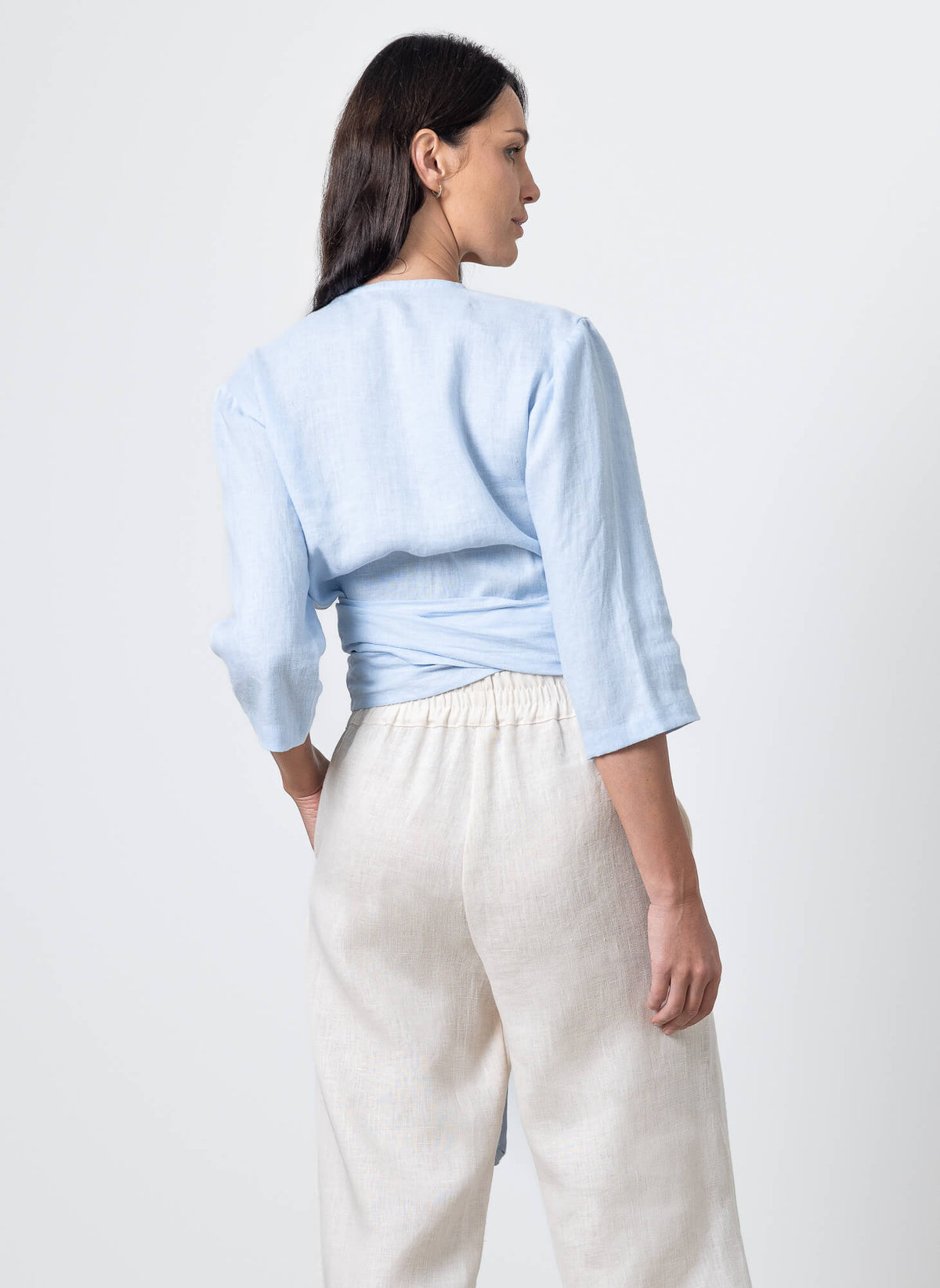 Womens blue linen wrap blouse Esmeralda by Minimalisticlinen, lightweight linen wrap top for summer