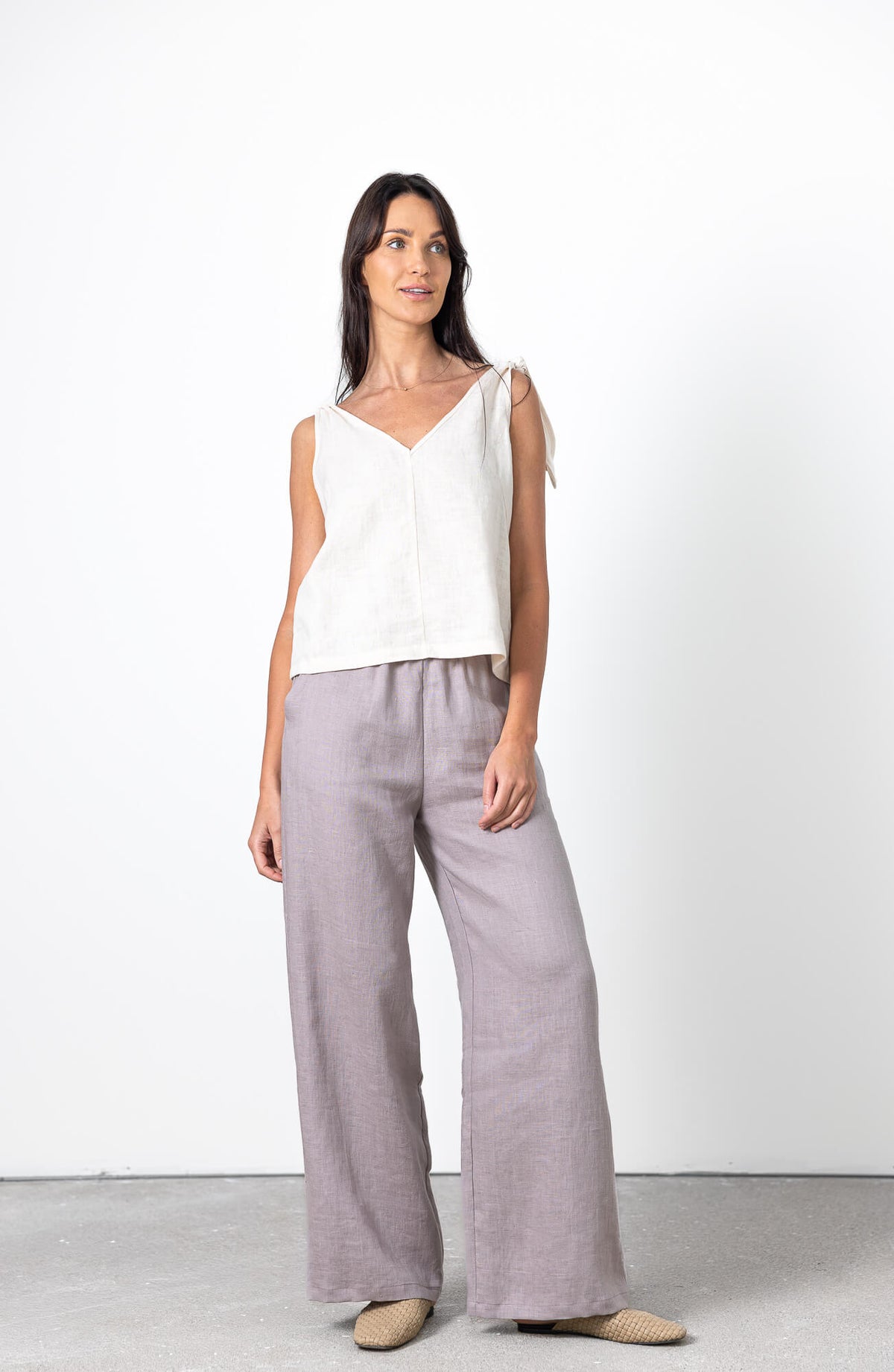 Womens linen bow shoulder top Nica by Minimalisticlinen, elegant sleeveless linen summer blouse