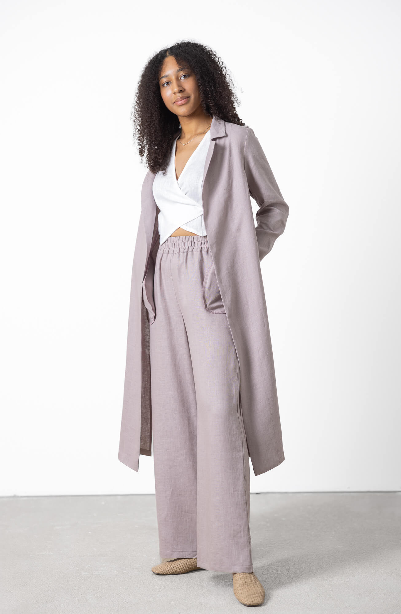 Long linen duster jacket with timeless minimalist styling