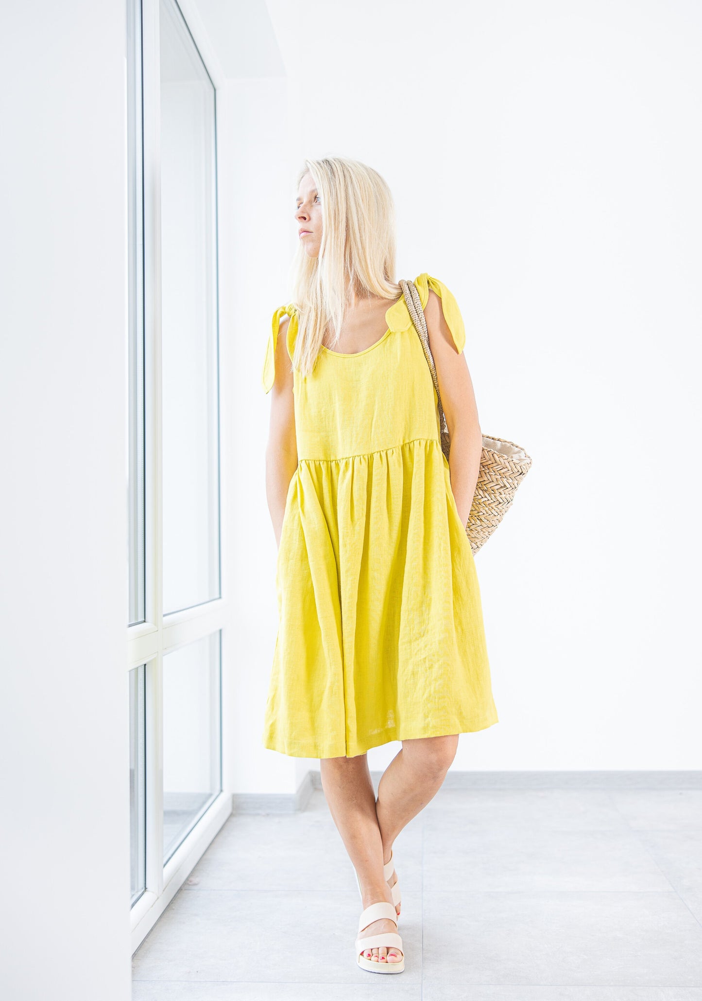 Load image into Gallery viewer, Ruffled yellow linen dress
