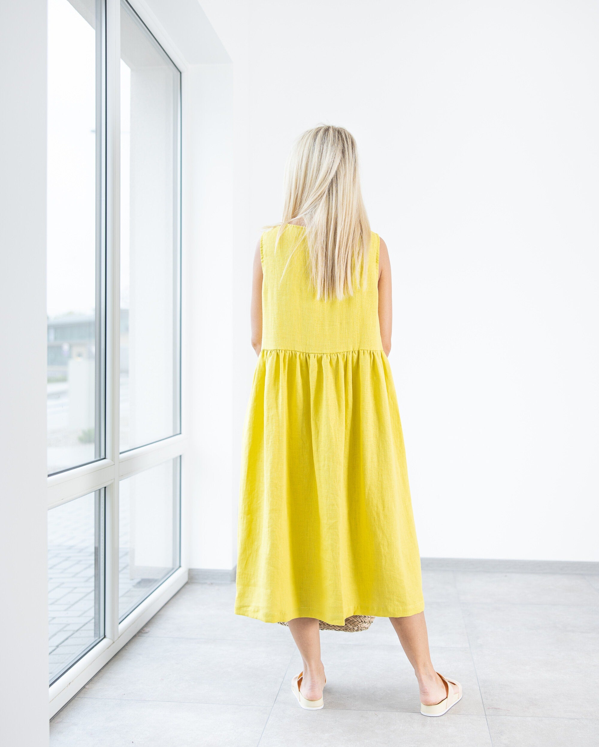Women's yellow linen dress. Midi length ruffled dress by MinimalisticLinen — free download