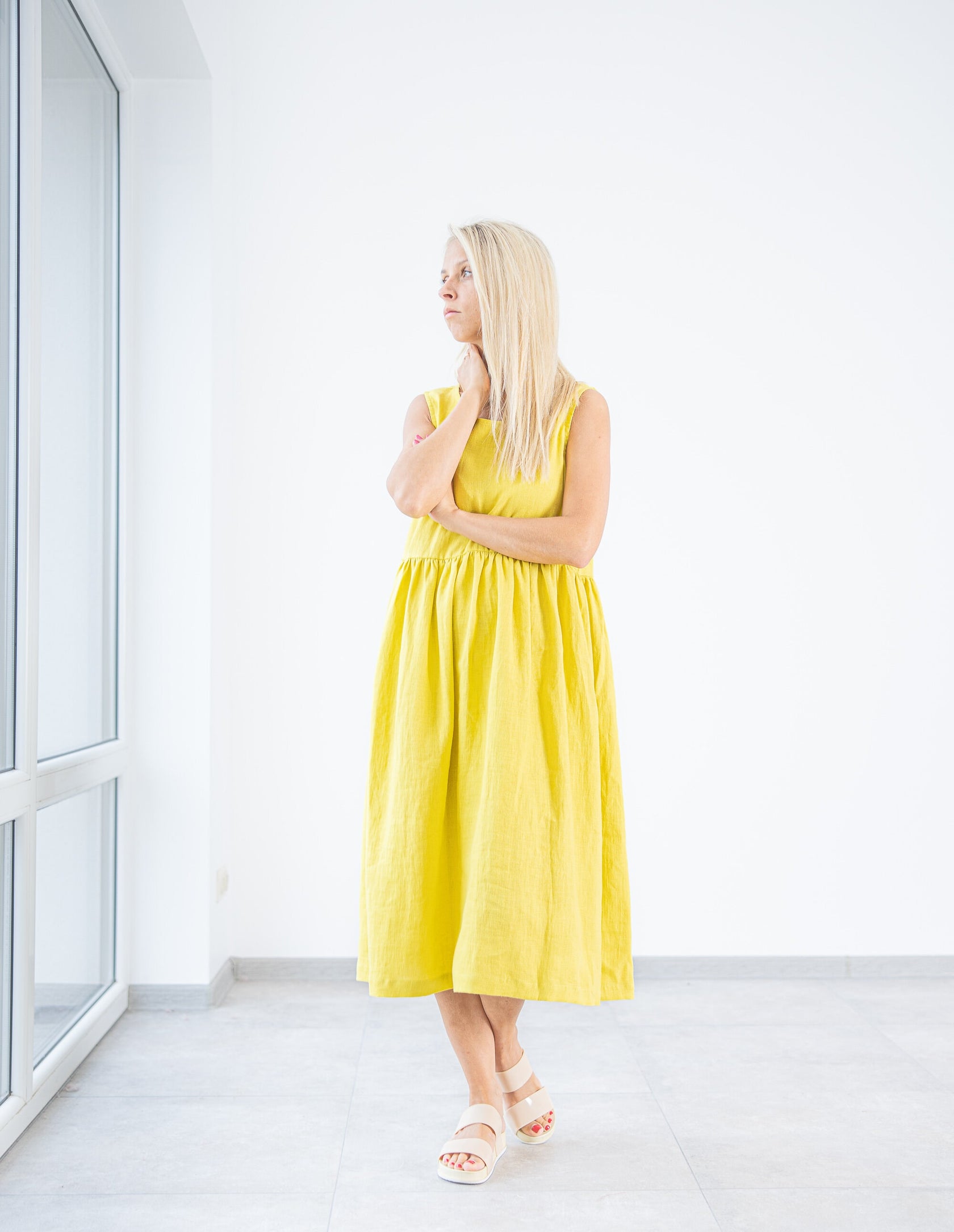 Women's yellow linen dress. Midi length ruffled dress by MinimalisticLinen