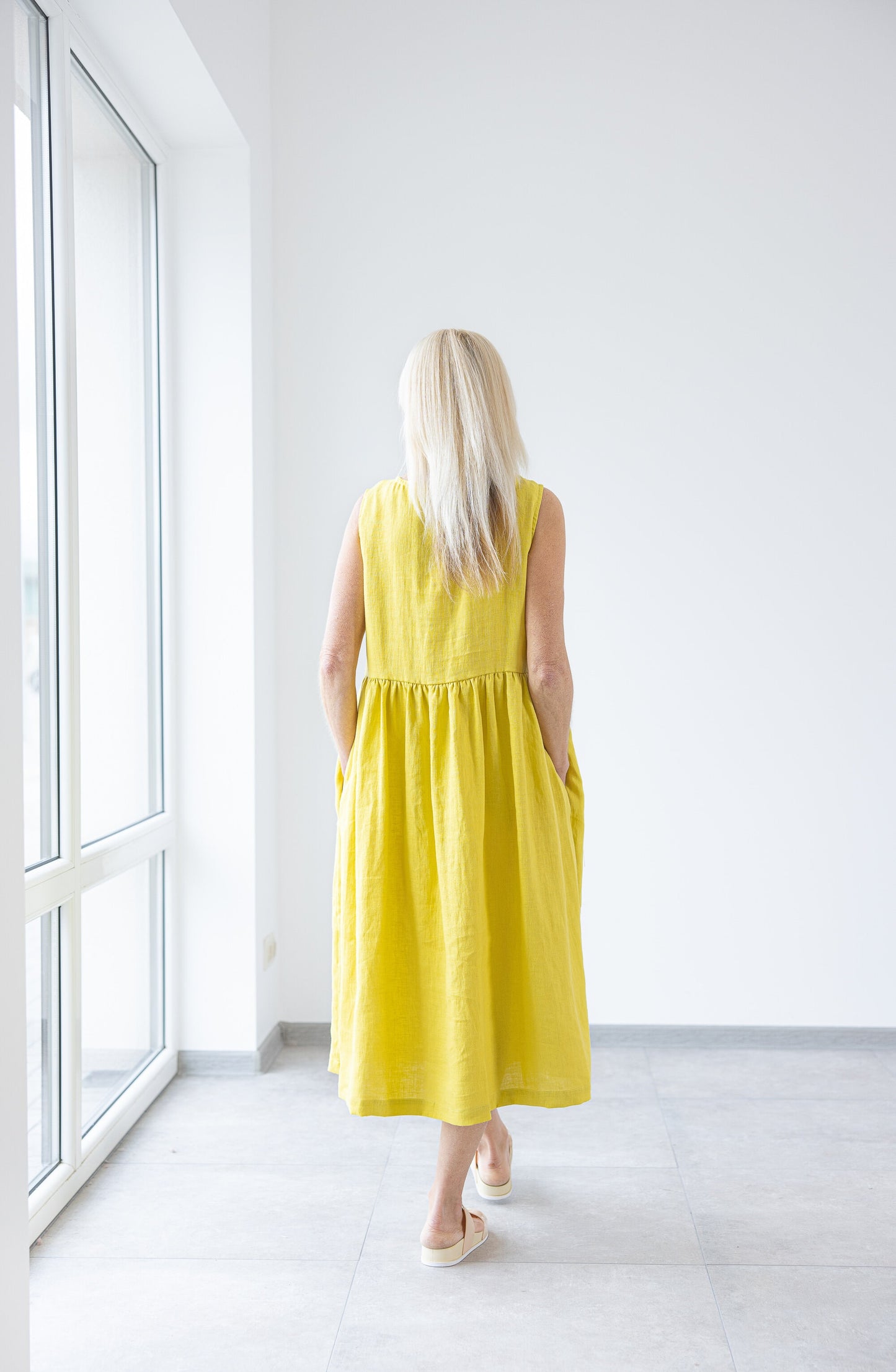 Yellow Linen Dress with Pockets. Minimalist Style Sustainable Ruffle Dresses S / Raspberry Wine Yellow Linen Dress with Pockets. Minimalist Style Sustainable Ruffle Dresses S / Raspberry Wine